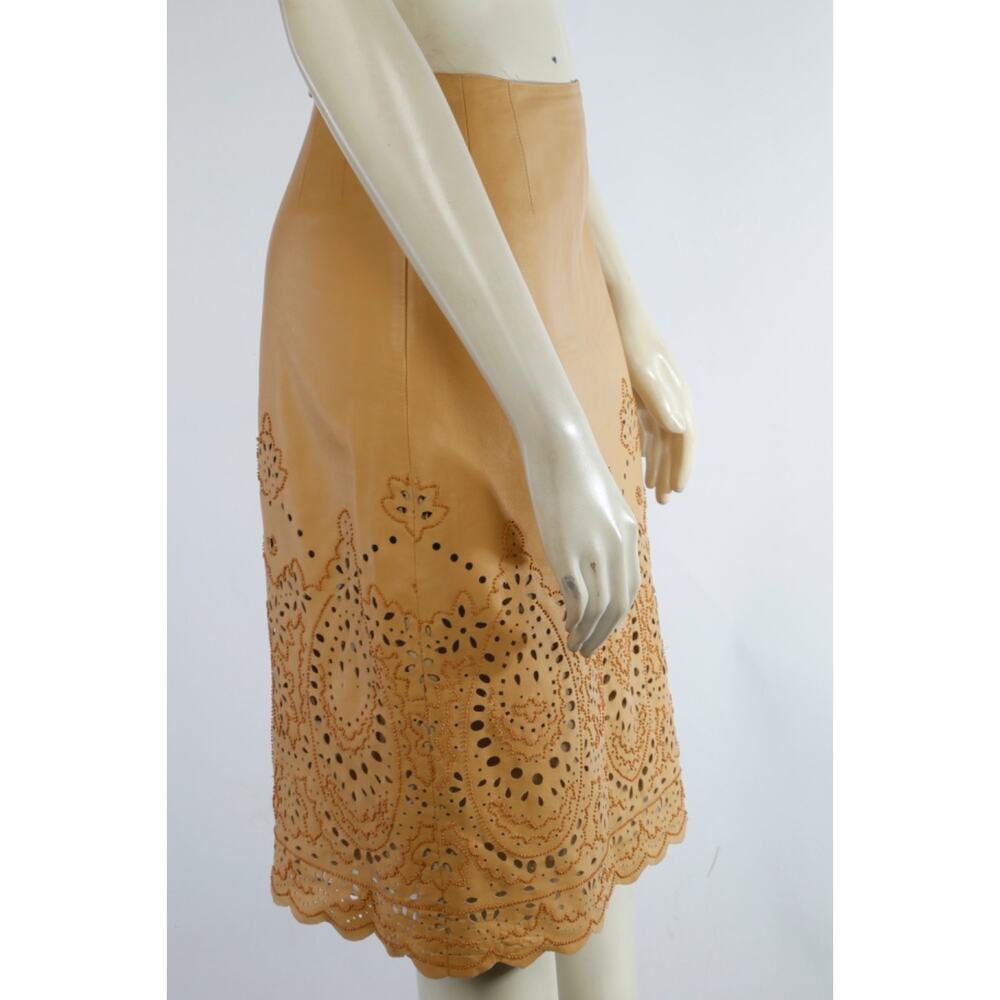 Vintage Oscar de la Renta Tan Leather Laser Cut Eyelet Paisley Pencil Skirt Sz 2 - Picture 4 of 12
